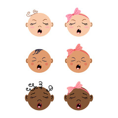 Crying newborns frontal portraits. Set of Multiracial baby faces. Tiny boys and girls. Flat style hand drawn vector illustrations.