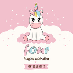 Invitation, birthday card with unicorn. 4 years. Vector illustration