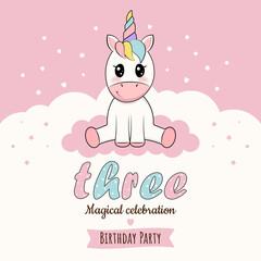 Invitation, birthday card with unicorn. 3 years. Vector illustration