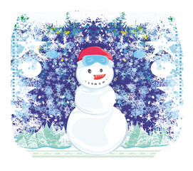 Happy snowman in snowy winter background