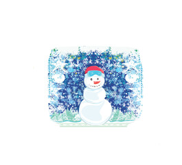 Happy snowman in snowy winter background