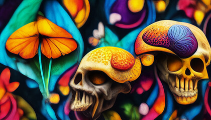 Midjourney render of abstract art wallpaper with psychedelic skulls and mushrooms