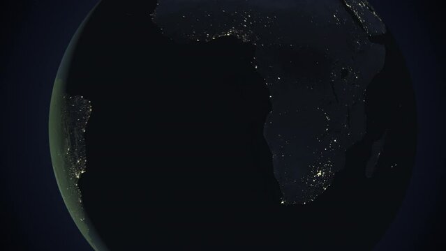 Seamless looping animation of the earth at night zooming in to the 3d map of Zimbabwe with the capital and the biggest cites in 4K resolution