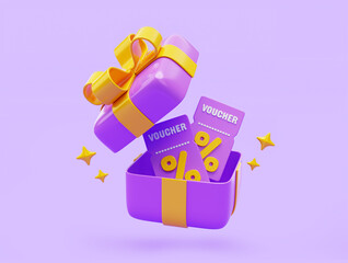 Purple open gift box with Voucher bonus surprise minimal present greeting celebration promotion discount sale reward icon 3D illustration