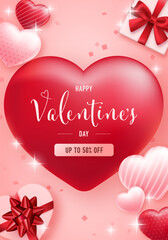 Valentine's day sale design banner. Shopping discount promotion. Background with heart elements and gift boxes.