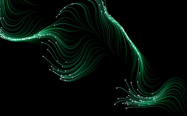 
Green flowing particles on black background. Illustration.