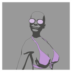 Illustration of a beautiful fashion model posing in a stylish swimsuit. Young attractive woman in bikini and wearing sunglasses.