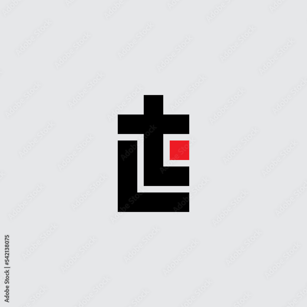 Poster l and t initials or logo with red element. lt monogram or logotype. tl - design element or icon.