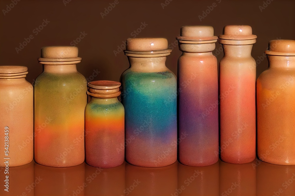 Poster a group of colorful jars with colorful vases sitting together in the background. seamless template g