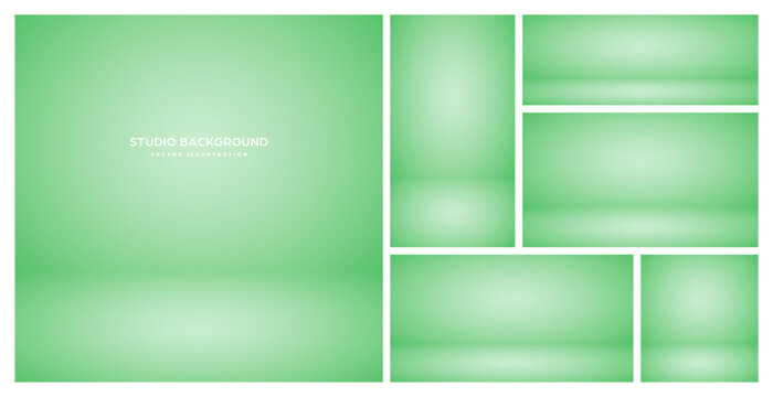 Empty green studio abstract backgrounds with spotlight effect. Product showcase backdrop. Stage lighting. Vector illustration