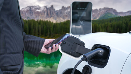 Progressive businessman checking EV car's battery status from smartphone at charging station with...