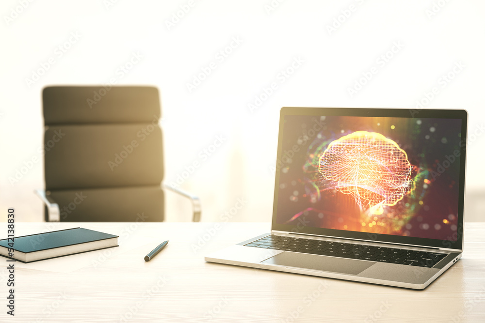 Aufkleber creative artificial intelligence concept with human brain sketch on modern laptop monitor. 3d render