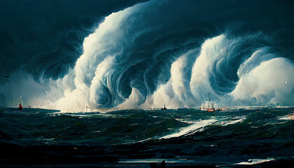 Spectacular scenery of gigantic tsunami-like wave at sea and devastating strong storm. Digital art 3D illustration seascape with massive tidal massive wave.