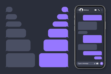 Realistic smartphone with messaging app. Blank SMS text frame. Conversation chat screen with violet message bubbles. Social media application. Vector illustration.
