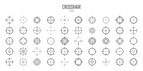 Crosshair, gun sight vector icons. Bullseye, black target or aim symbol. Military rifle scope, shooting mark sign. Targeting, aiming for a shot. Archery, hunting and sports shooting. Game UI element.