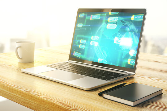 Modern computer screen with abstract graphic coding sketch and world map, big data and networking concept. 3D Rendering