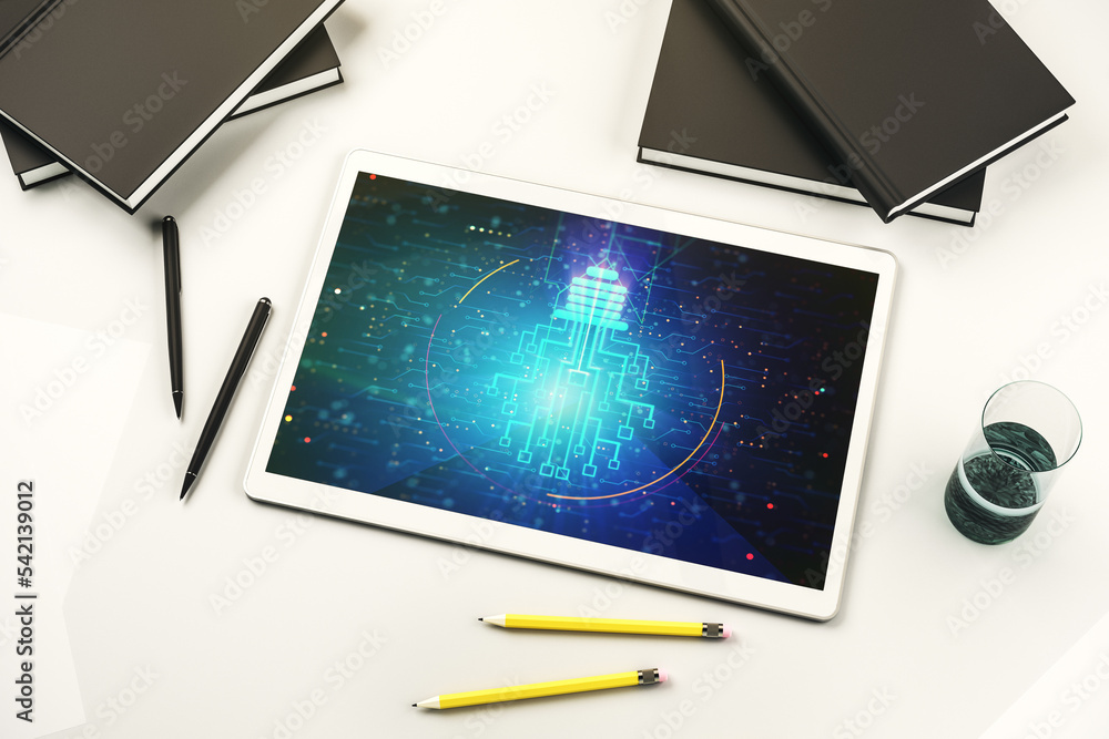 Poster creative idea concept with light bulb and microcircuit illustration on modern digital tablet screen.