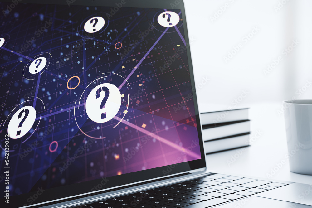 Aufkleber creative concept of question mark illustration on modern laptop screen. faq and search concept. 3d r