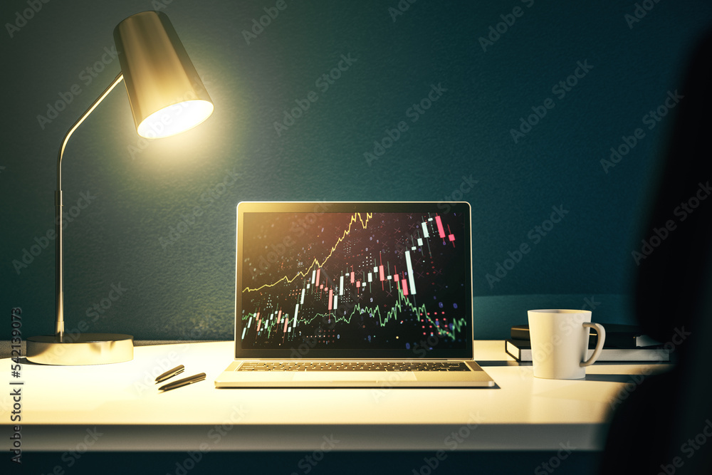 Aufkleber modern computer display with abstract financial graph, financial and trading concept. 3d rendering