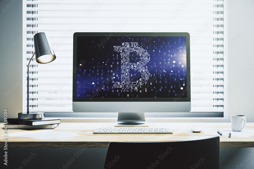 Poster creative bitcoin concept on modern computer monitor. 3d rendering
