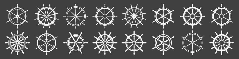 Collection of white vintage steering wheels. Ship, yacht retro wheel symbol. Nautical rudder icon. Marine design element. Vector illustration © 32 pixels