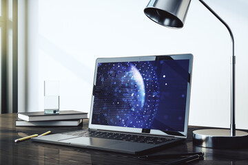 Computer monitor with abstract creative digital world map, globalization concept. 3D Rendering