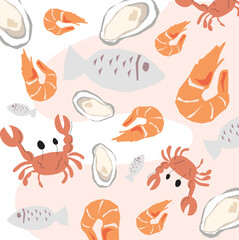 Seafood icon, vector set, flat style. Seafood collection isolated on white and pink background.