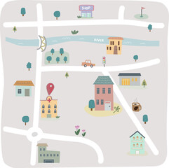 House village with river,cute colors vector illustration. Cartoon community