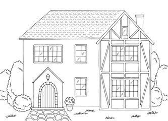 Old English house graphic black white landscape sketch illustration vector 