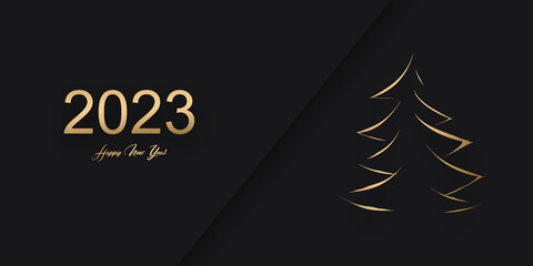 2023 New Year holiday luxury banner with golden Christmas tree. Black and gold