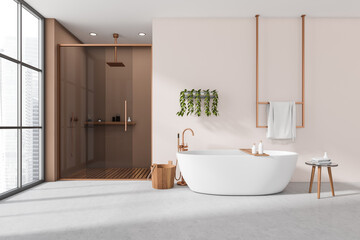 Front view on bright bathroom interior with bathtub, shower, stool