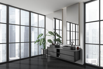 Corner view on dark bathroom interior with panoramic windows