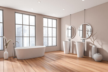 Fototapeta na wymiar Corner view on bright bathroom interior with bathtub, two sinks