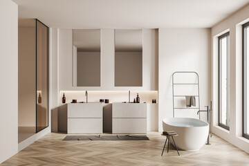 Fototapeta na wymiar Cozy bathroom interior with two washbasins and bathtub near panoramic window