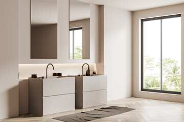 Fototapeta na wymiar Stylish bathroom interior with two washbasins and mirror, panoramic window