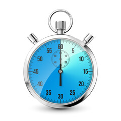 Realistic classic stopwatch icon. Shiny metal chronometer, time counter with dial. Blue countdown timer showing minutes and seconds. Time measurement for sport, start and finish. Vector illustration