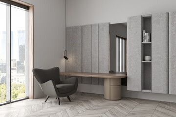 Stylish living room interior with workspace and shelf with panoramic window