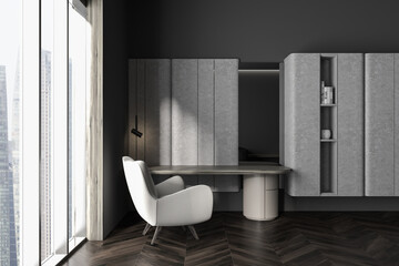 Grey living room interior with workspace and shelf with panoramic window