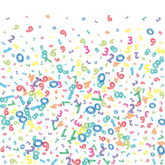 Falling colorful messy numbers. Math study concept with flying digits. Fair back to school mathematics banner on white background. Falling numbers vector illustration.