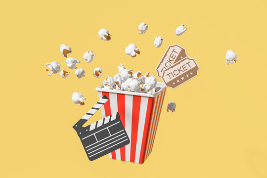 Pop corn with tickets flying, clapper on yellow background