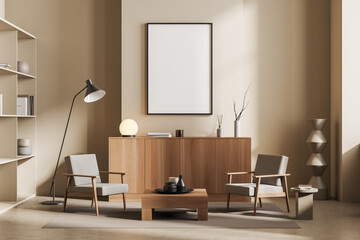 Front view on bright living room interior with empty poster