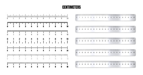 Realistic metal rulers with black centimeter scale for measuring length or height. Various measurement scales with divisions. Ruler, tape measure marks, size indicators. Vector illustration
