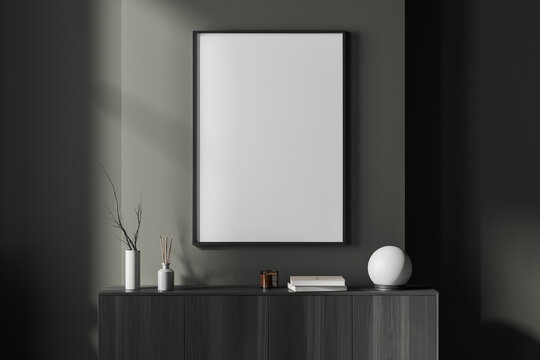 Grey gallery room interior with drawer and decoration, mockup frame