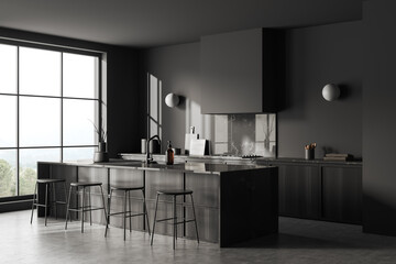Modern grey kitchen interior with bar countertop and seats, panoramic window