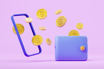 Smartphone and wallet with flying coins on purple background, cashback