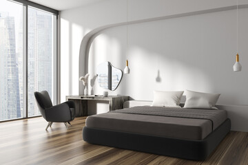 White bedroom interior, bed and desk with armchair, panoramic window. Mockup wall