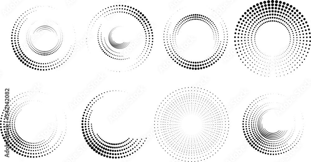 Poster design elements with circular halftone dots. vector rotating dotted circles design . half tones coll