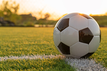 Athlete standing with ball on football field during sunrise, soccer ball in net on sky background,...