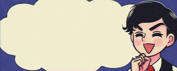 古いテレビ放送のアニメ風・想像する少年のふきだしフレーム