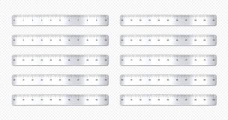 Realistic various brushed metal rulers with measurement scale and divisions, measure marks. School ruler, inch scale for length measuring. Office supplies. Vector illustration